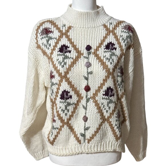 Vintage Cream Mock Neck Cottage Core Coastal Grandmother Sweater Sz Large - Picture 4 of 6